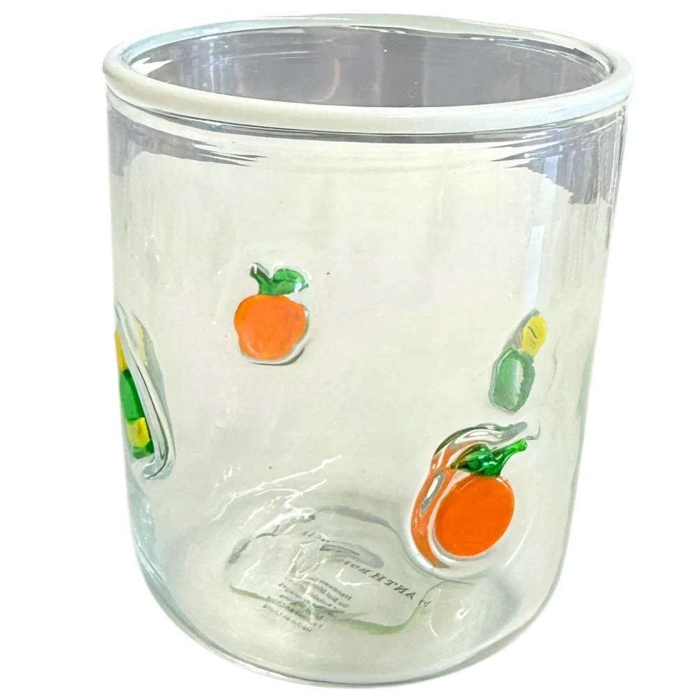 Anthropologie Juice Glasses Set of 2 Clear Orange Fruit 3D Applique Excellent - Picture 4 of 7